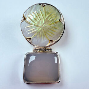 Mother Of Pearl MOP Carved Floral Chalcedony 925 Sterling Silver Pendant Mexico